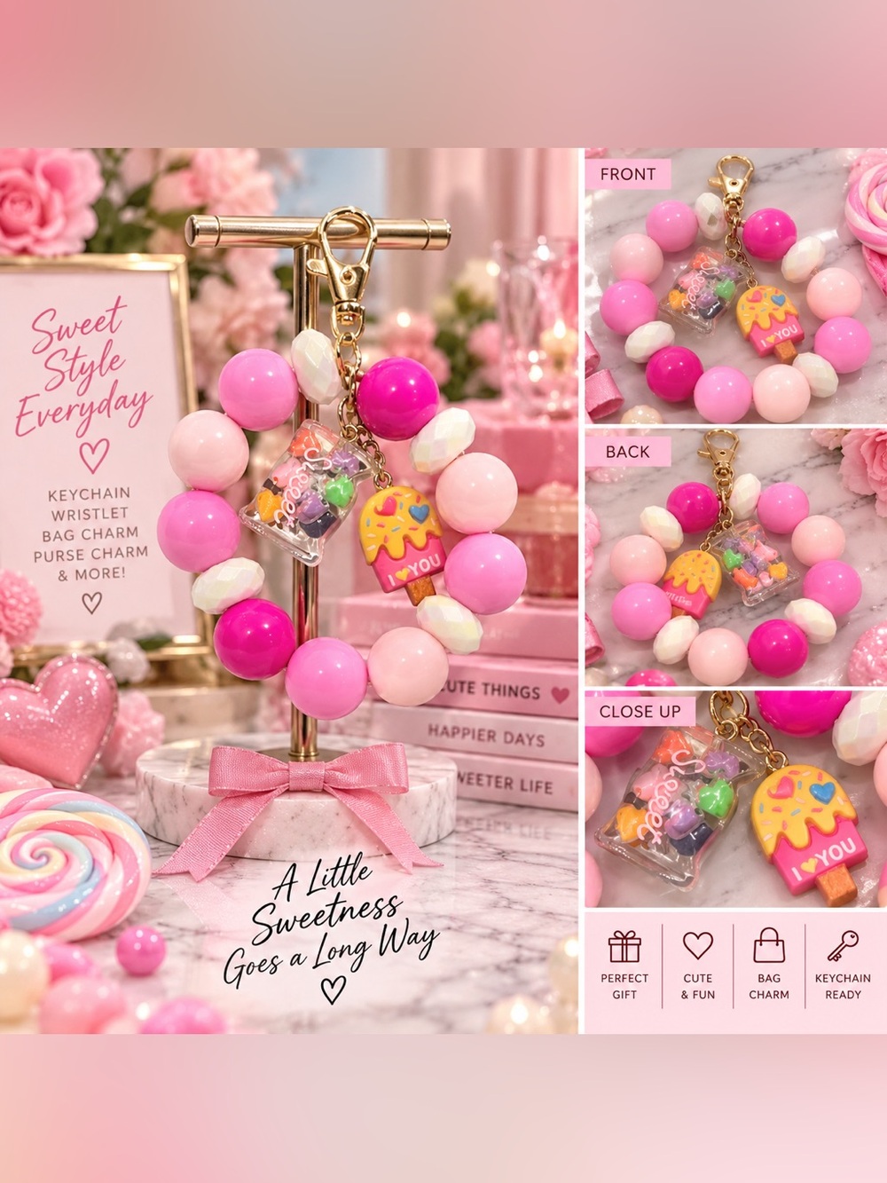 Pink Beaded Wristlet Keychain Sweet Treat Candy Charms Backpack Bag Charm NIB